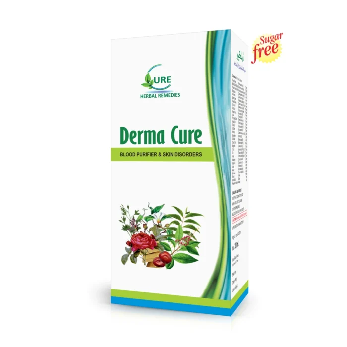 Derma Cure Sugar Free bottle, a natural remedy for blood purification and skin health, designed to treat various skin conditions without added sugar