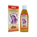 Faiz Roghan Muqawwi Dimagh herbal oil bottle with natural ingredients for strong and shiny hair, promoting hair growth and soothing burning eyes.