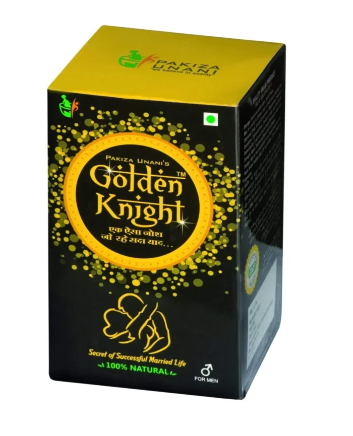 Pakiza Unani Golden Knight herbal supplement bottle for men's health and vitality.