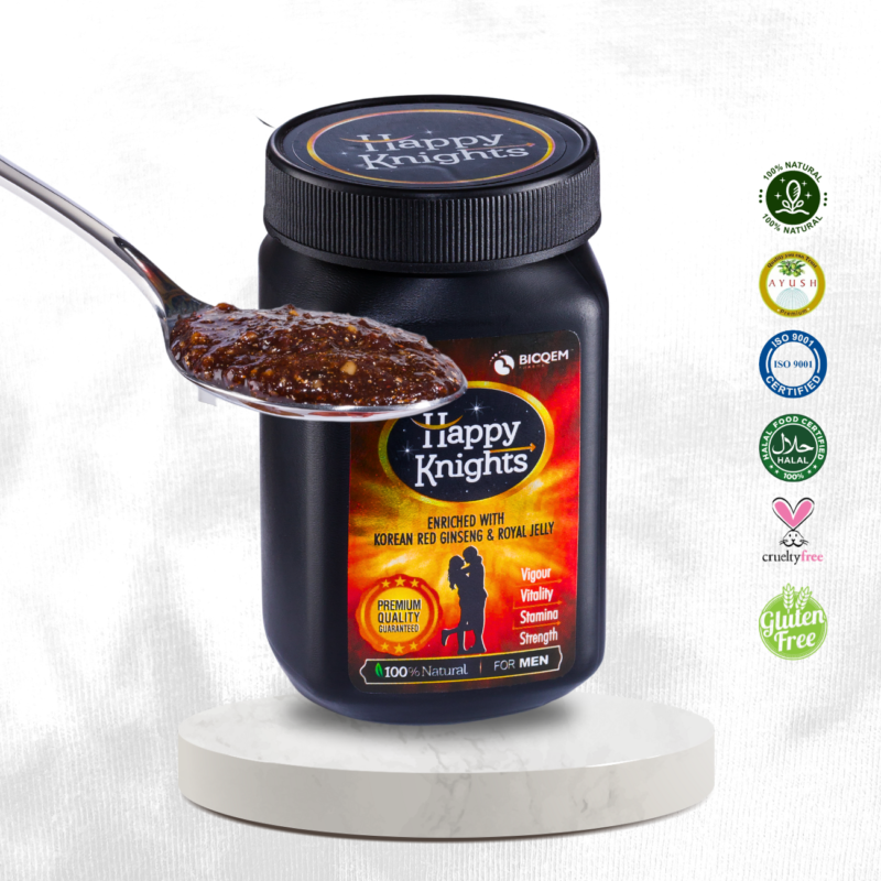 Bioqem Pharma Happy Knights for Men herbal supplement for energy, stamina, vitality, improves blood circulation, strengthens nerves, enhances libido, and supports overall reproductive health."