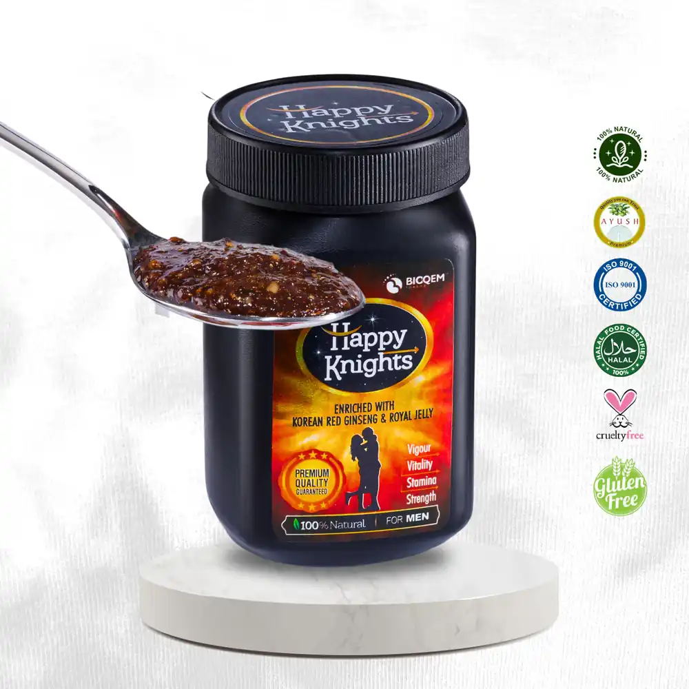 Bioqem Pharma Happy Knights for Men herbal supplement for energy, stamina, vitality, improves blood circulation, strengthens nerves, enhances libido, and supports overall reproductive health."