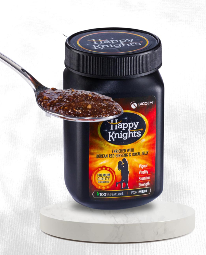 Happy Knights for Men, natural supplement to enhance sexual performance, strengthen nerves, and increase libido with Korean Red Ginseng and Asgandha