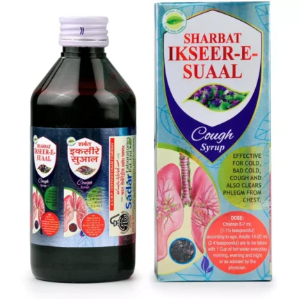 "Bottle of Sardar Dawakhana Sharbat Ikseer e Suaal, a Unani herbal syrup for cough relief and respiratory health"