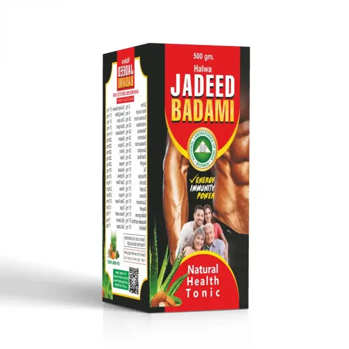 Halwa Jadeed Badami product packaging with ingredients listed.