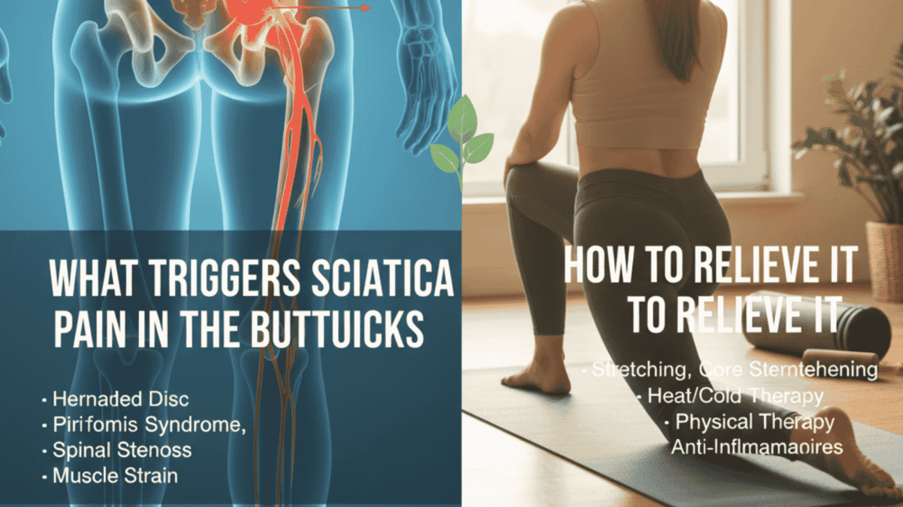 Illustration showing causes of sciatica buttock pain, including herniated discs, piriformis syndrome, and spinal nerve compression
