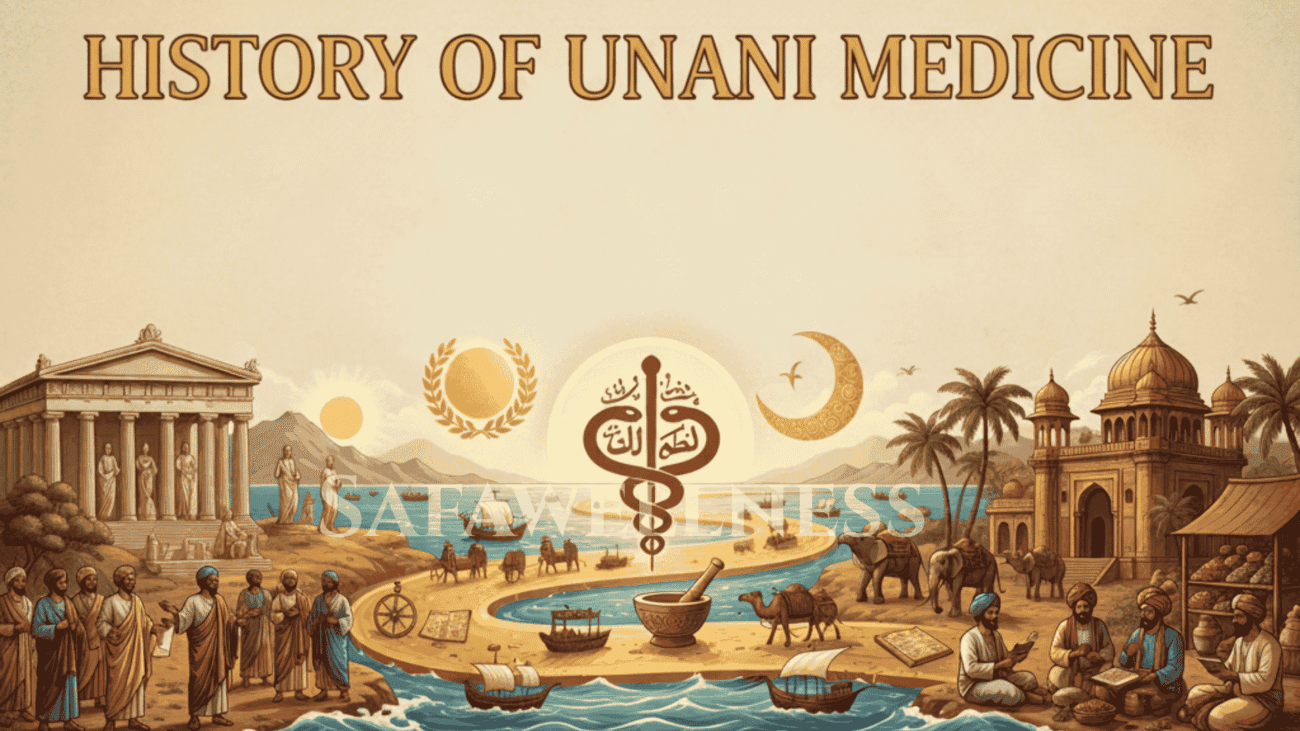 illustration showing the history of unani medicine from ancient greece through arab scholars to india
