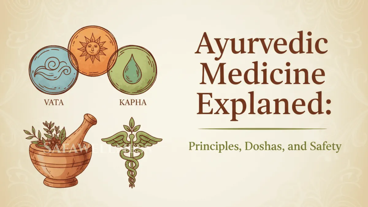 Ayurvedic medicine concept showing herbs, oils, and symbols of doshas used in traditional holistic healing
