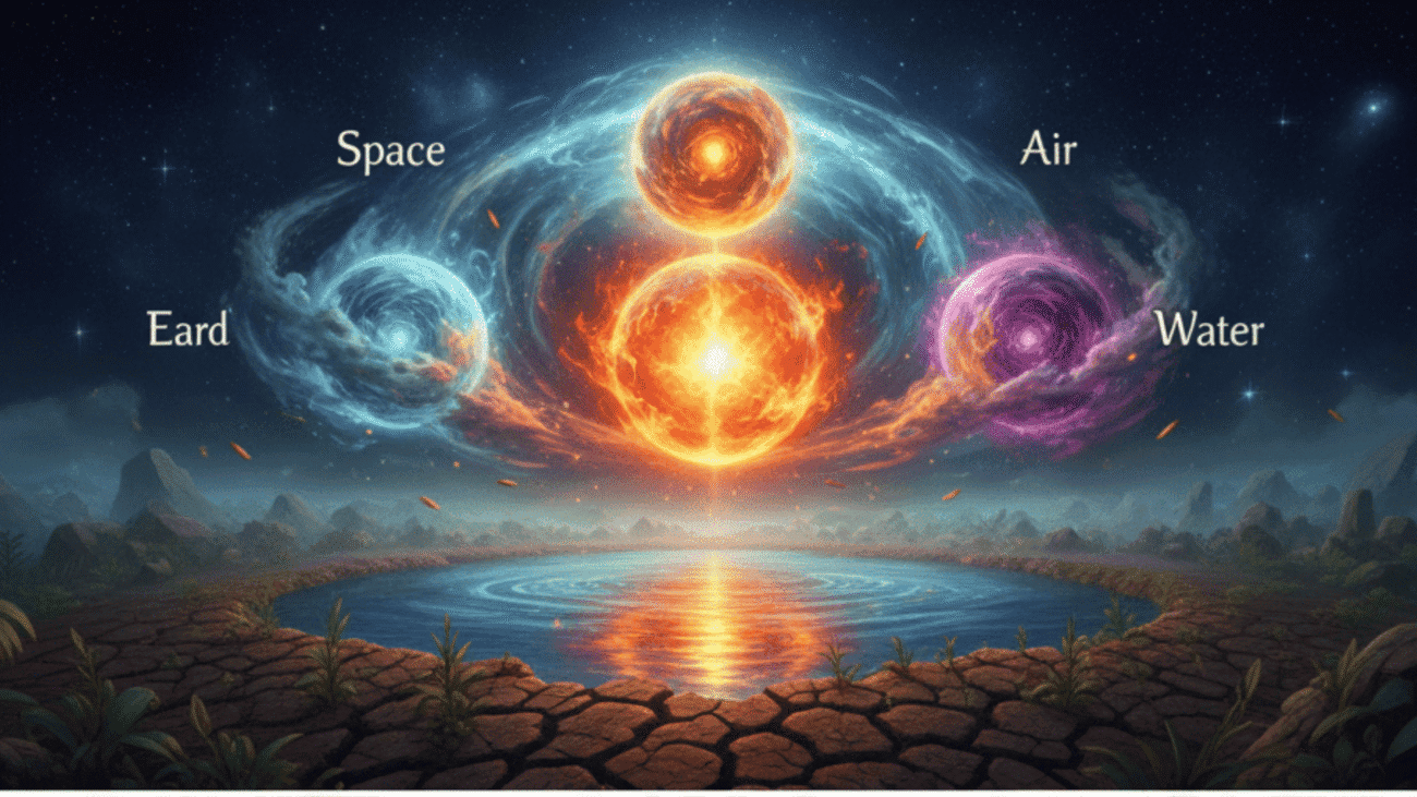 Diagram showing the three doshas in Ayurveda: Vata (air and space), Pitta (fire and water), and Kapha (earth and water) and their role in body balance.