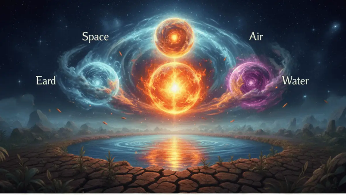 Diagram showing the three doshas in Ayurveda: Vata (air and space), Pitta (fire and water), and Kapha (earth and water) and their role in body balance.