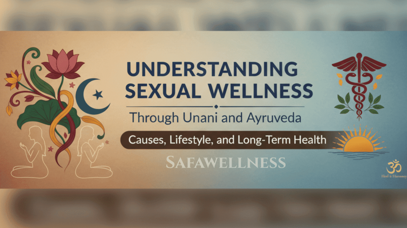 Sexual wellness in Unani and Ayurveda showing holistic balance of body, mind, herbs, and lifestyle for natural sexual health