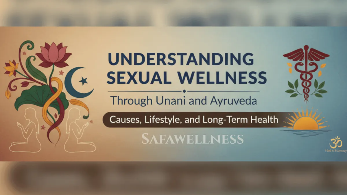 Sexual wellness in Unani and Ayurveda showing holistic balance of body, mind, herbs, and lifestyle for natural sexual health