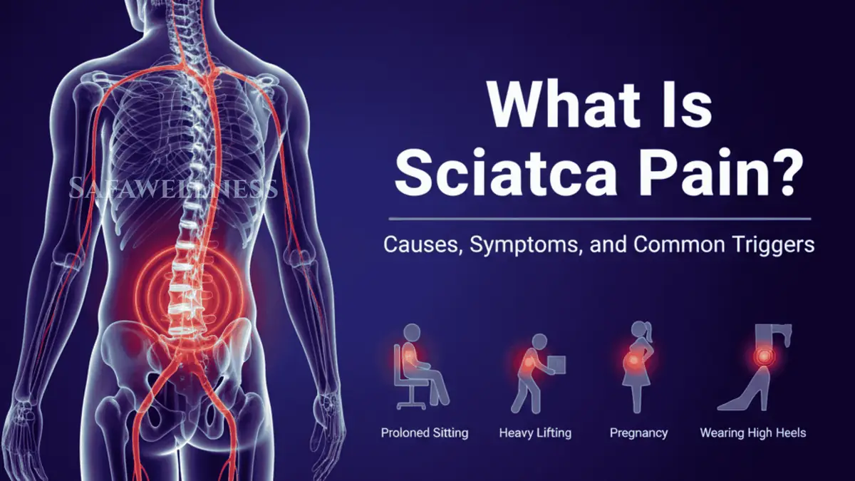 Diagram showing what is sciatica pain, including sciatic nerve pathway from lower back through buttock to leg, with common causes and symptoms highlighted.