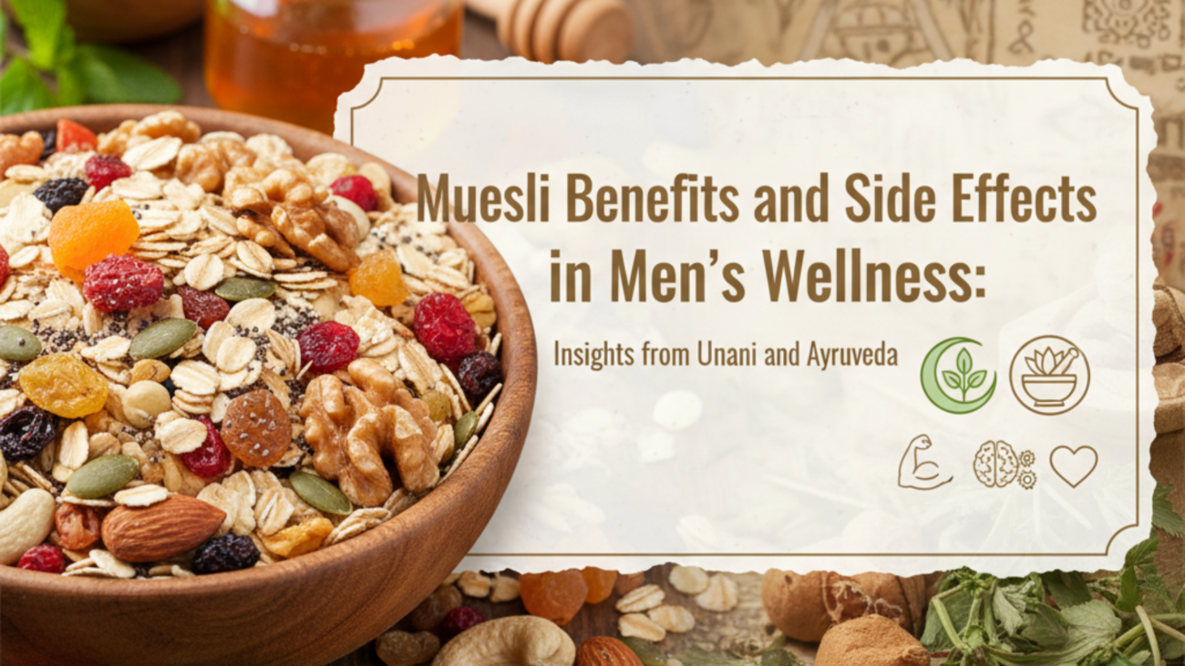 Muesli benefits and side effects – healthy bowl of oats, nuts, seeds, and dried fruits for men’s wellness.