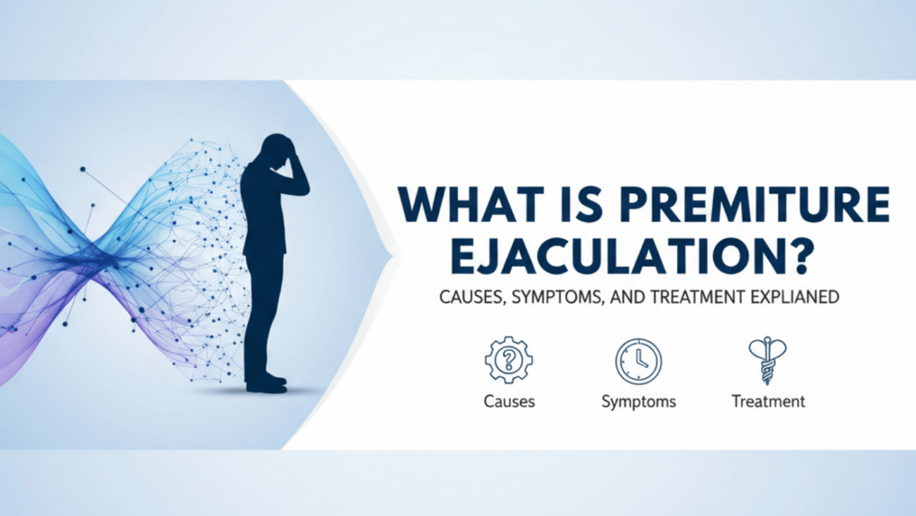Medical illustration explaining what is premature ejaculation, including causes, symptoms, and treatment options for men.