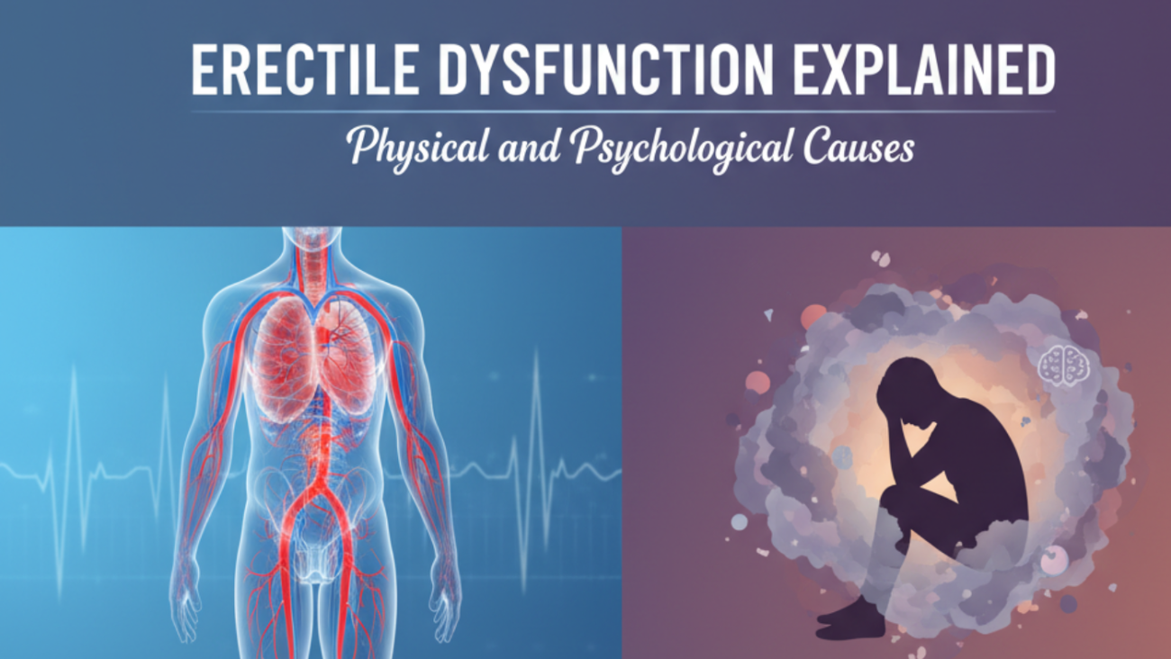 Illustration explaining what is erectile dysfunction, showing physical and psychological causes of impotence in men.