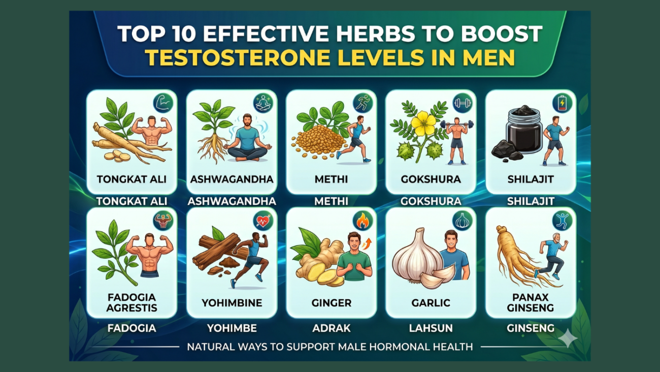 A collection of herbal supplements and roots acting as a natural testosterone booster for men's hormonal health.