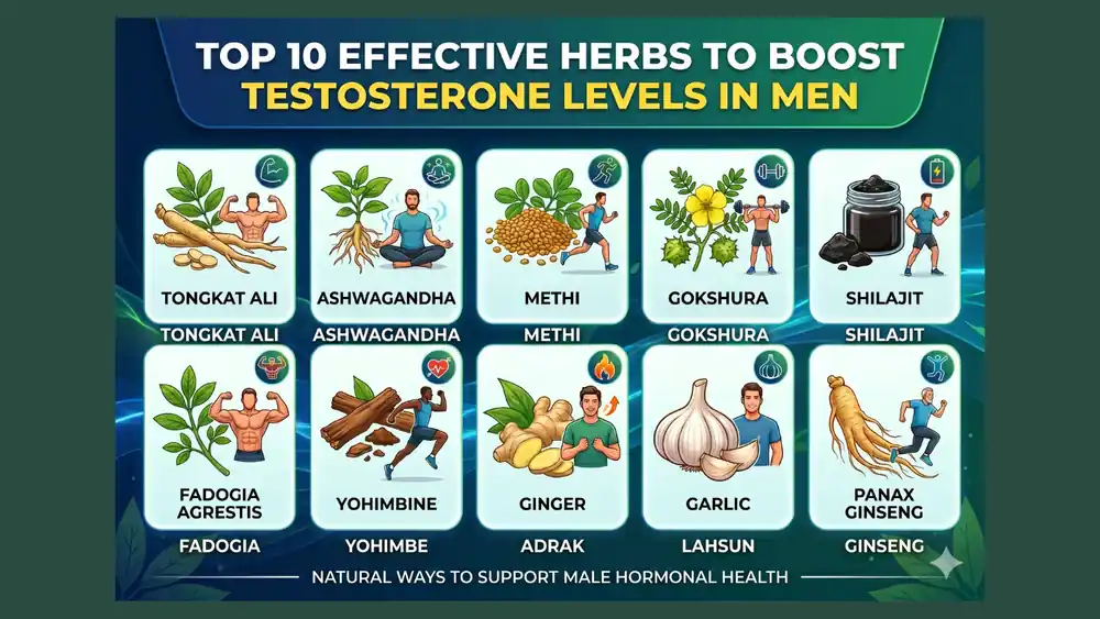 A collection of herbal supplements and roots acting as a natural testosterone booster for men's hormonal health.