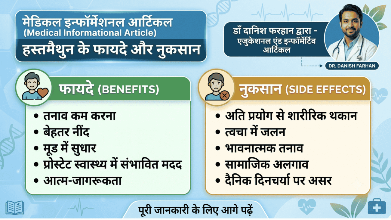 हस्तमैथुन के फायदे और नुकसान को दर्शाता शैक्षिक इन्फोग्राफिक, जिसमें तनाव में कमी, बेहतर नींद, संभावित जोखिम और स्वस्थ आदतों की जानकारी दी गई है।